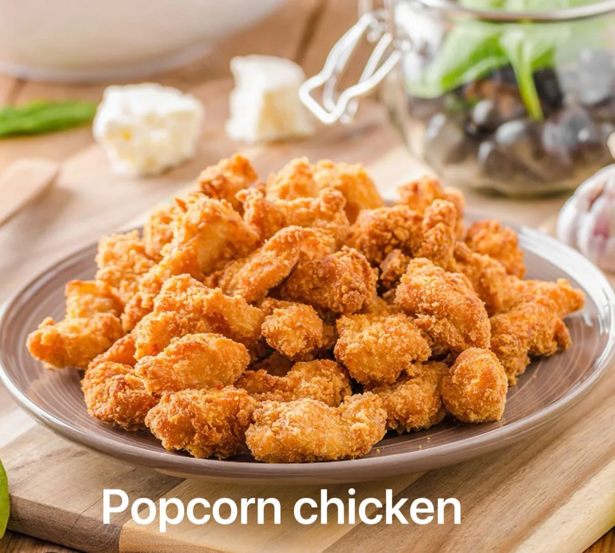 A plate piled with crispy popcorn chicken